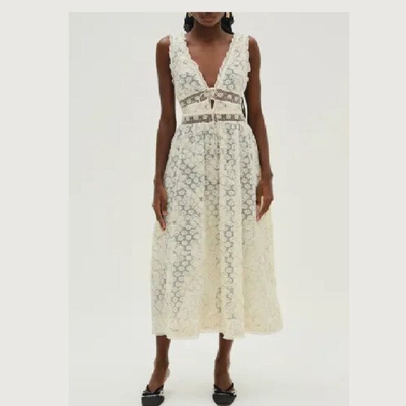NEW FOR LOVE AND LEMONS SNOWFLAKE DAISY MESH MIDI DRESS IN CREAM SIZE S - Picture 2 of 11
